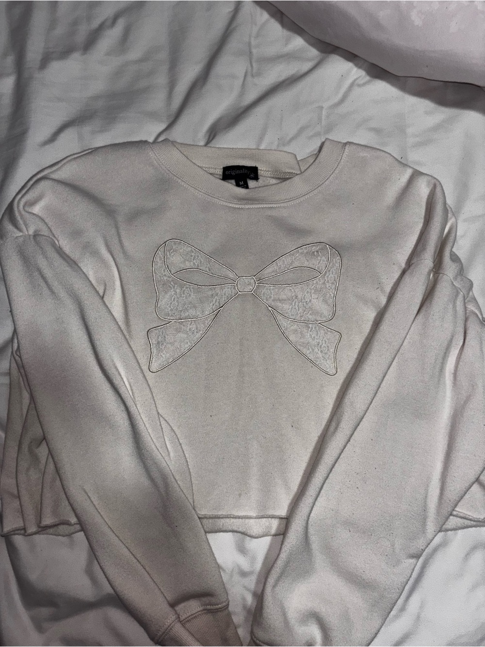 Original M White Bow Applique Crewneck Sweater